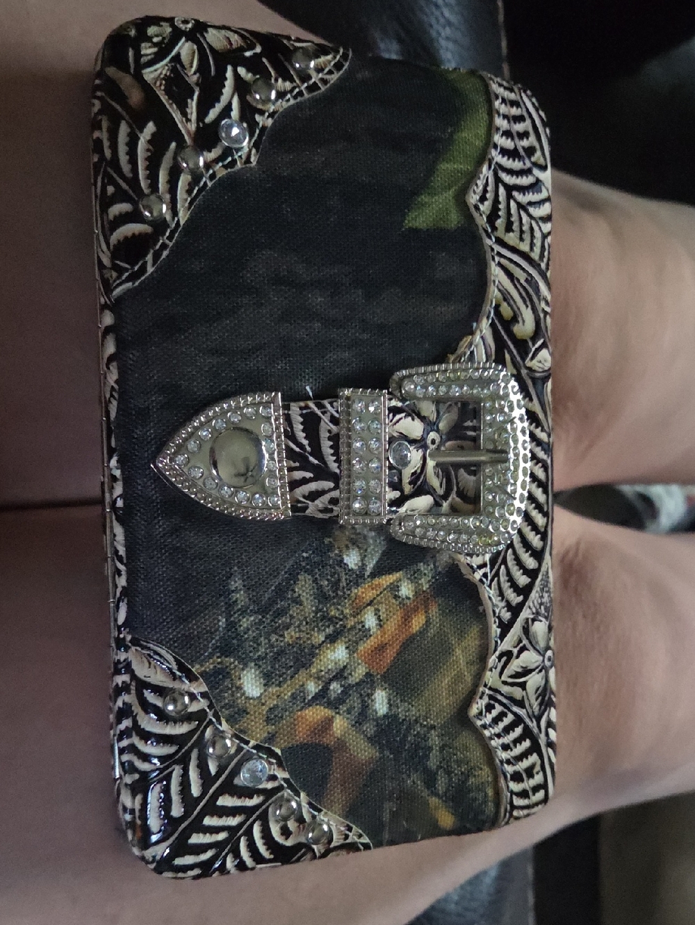 Embellished Buckle Clutch Wallet With Camo Fabric Accents